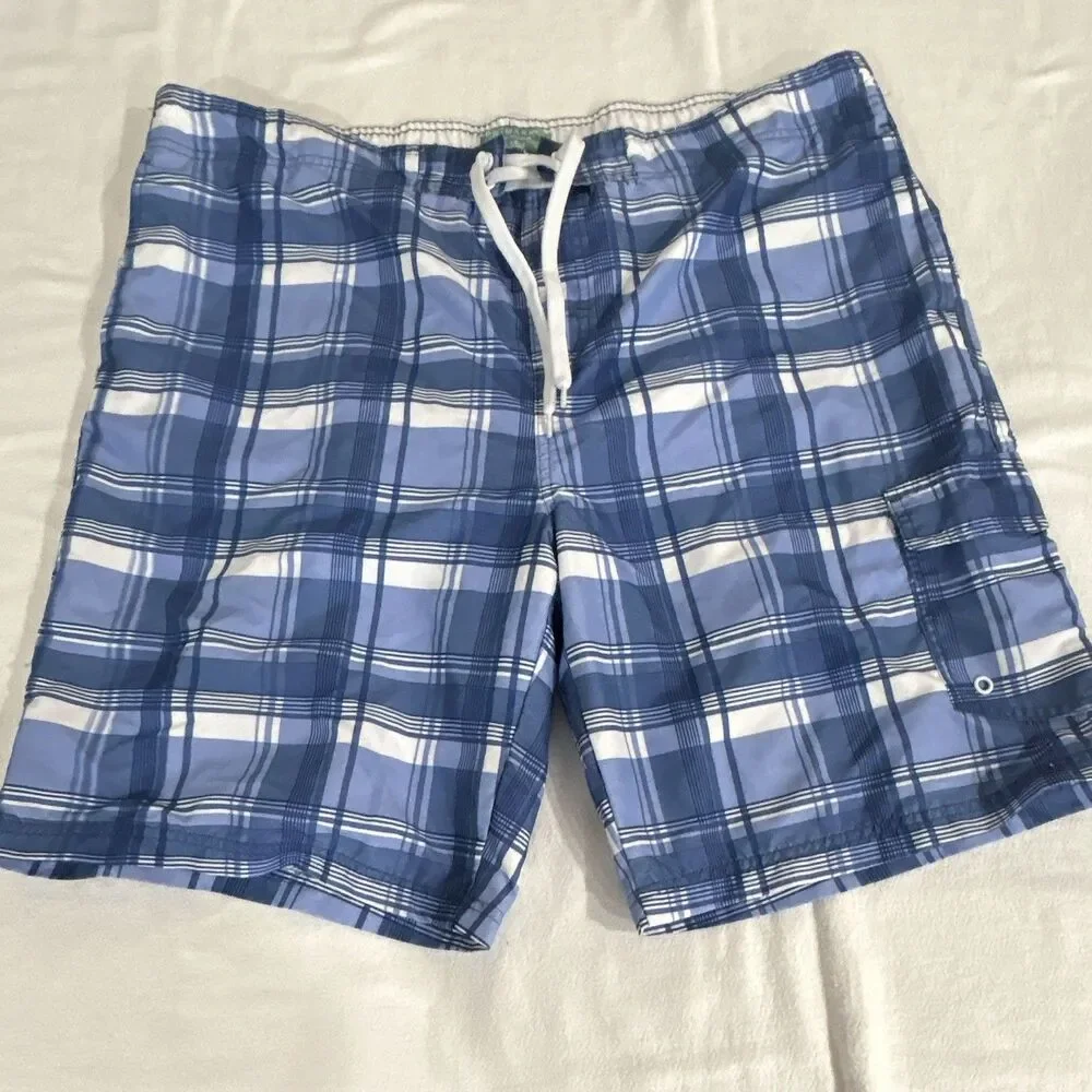 Primark Men's Plaid Swim Trunks 2XL Blue/White Drawstring Elastic Pockets 0206